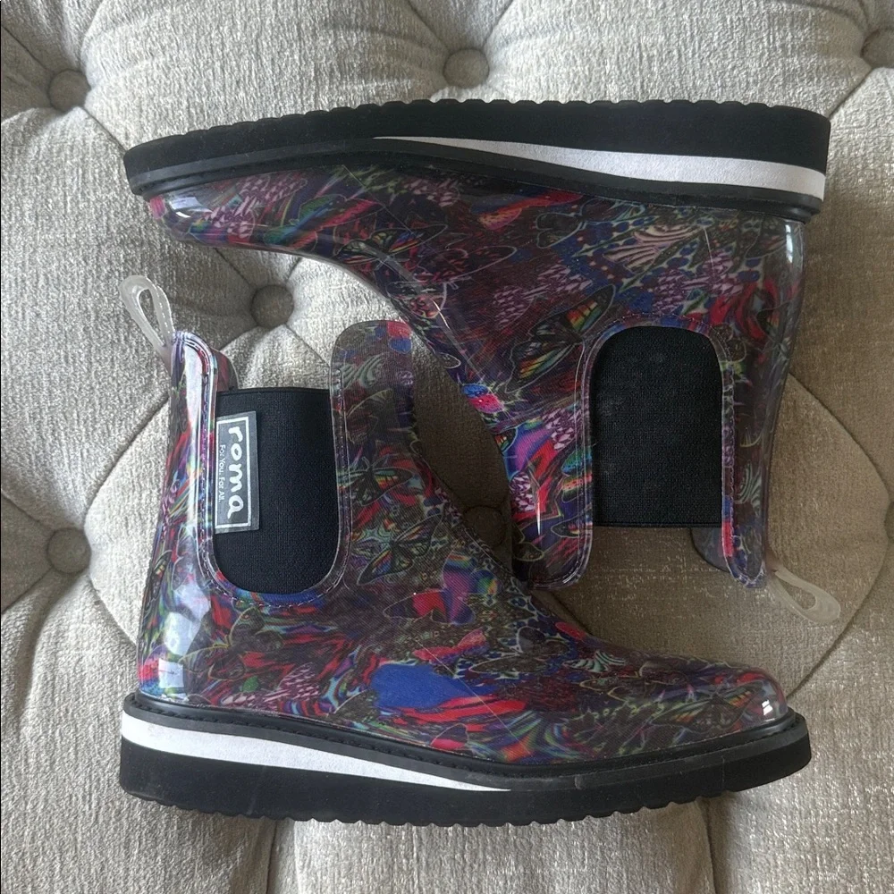 Roma Women’s Vegan Rubber Rain Boots NEW‎ Waterproof Art22 Print Butterfly SZ 6